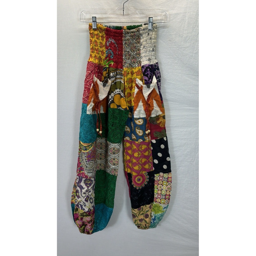 Patchwork Cotton Harem Pants Boho Hippie Festival Smocked Waist Pockets SM